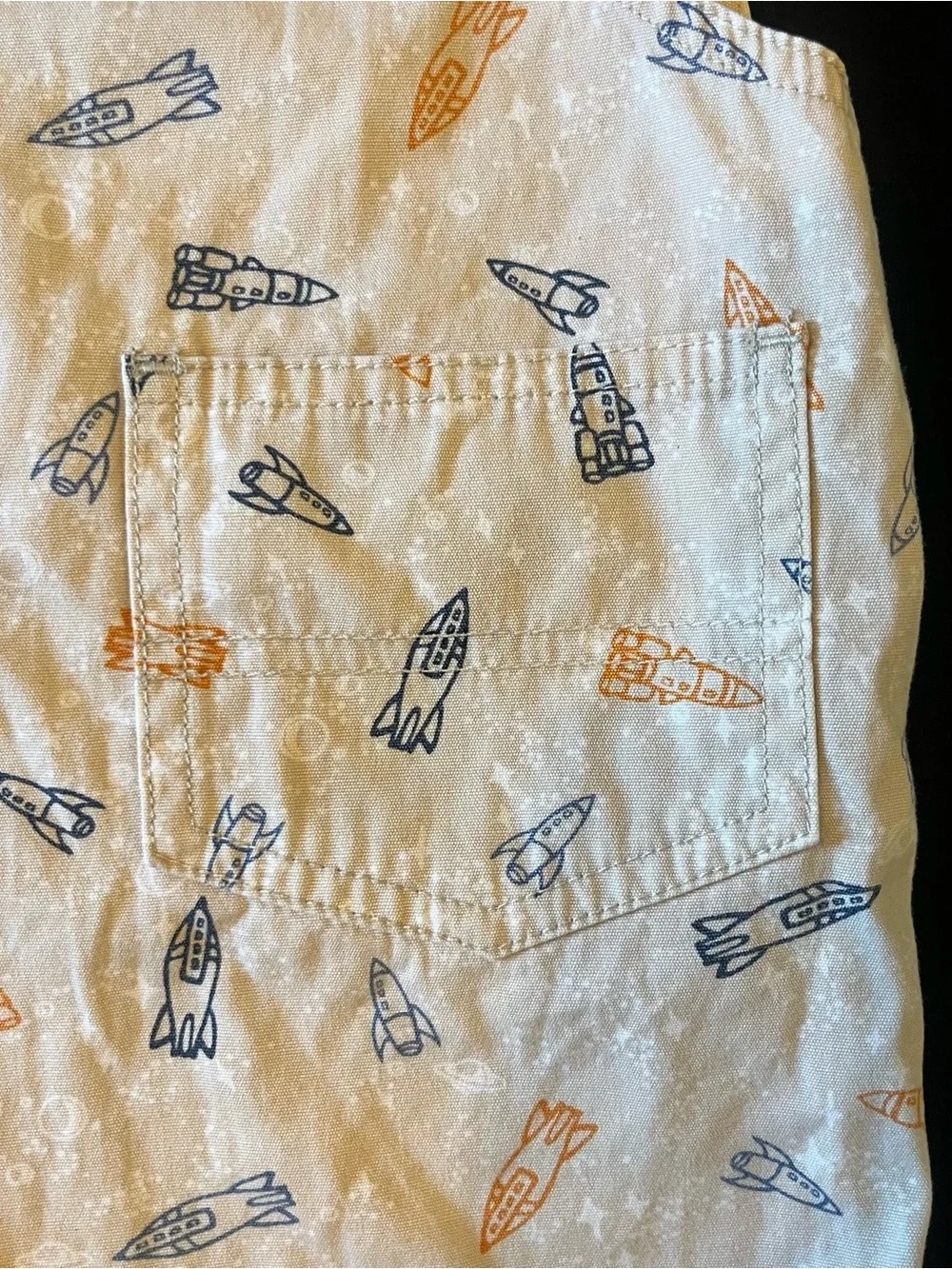 OshKosh B'gosh Y2K White Overalls with Blue and Orange Rocket Print 24m